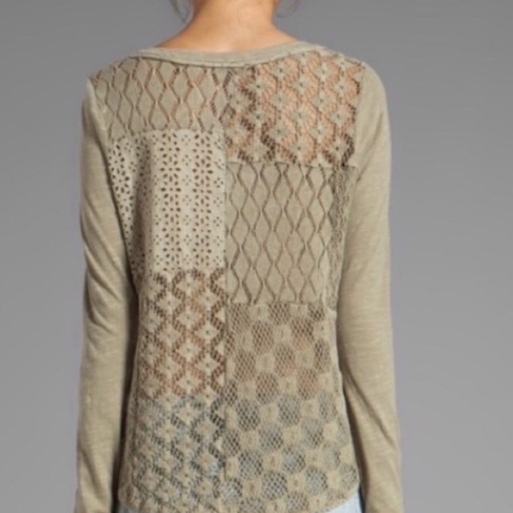 Free People Patchwork Lace Henley Olive Khaki Small cotton top - Picture 4 of 8